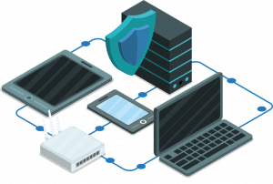 Équipements informatiques reliés en réseau — ordinateurs, serveur, pare-feu et switch