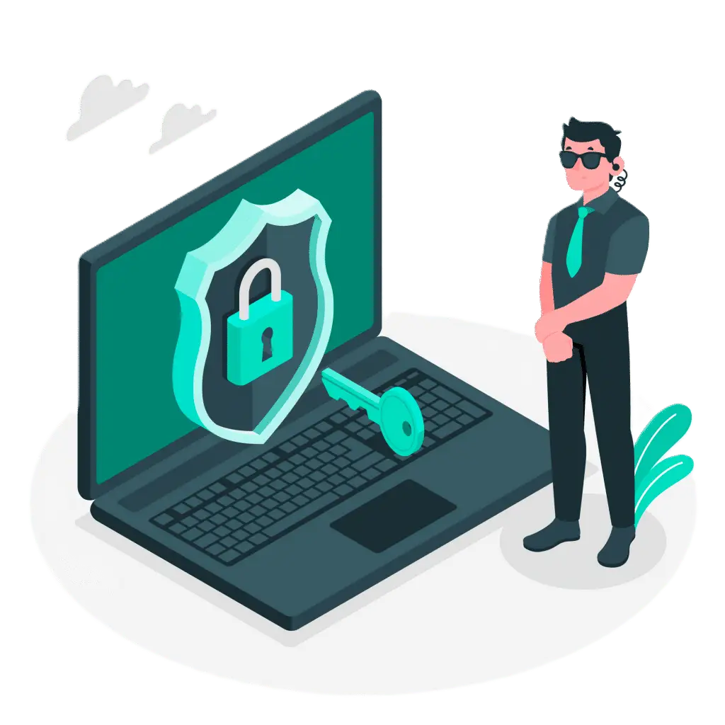 Ordinateur avec bouclier et clé, agent de sécurité — protection des postes et des données