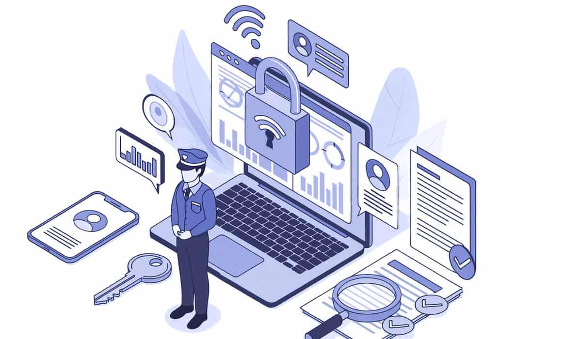 Illustration d’un audit cybersécurité avec ordinateur verrouillé, agent de sécurité et données protégées, symbolisant la protection informatique des entreprises en Normandie.