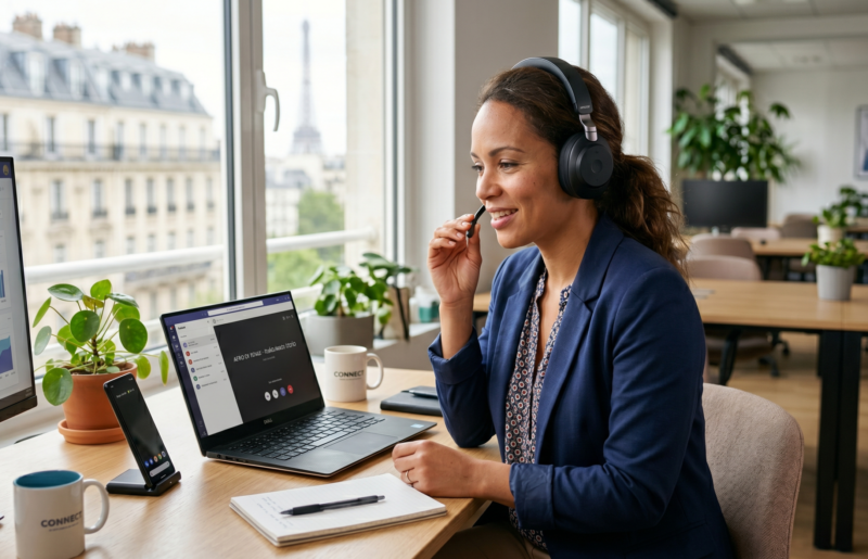 Une femme qui utilise la téléphonie cloud installé par STX Network