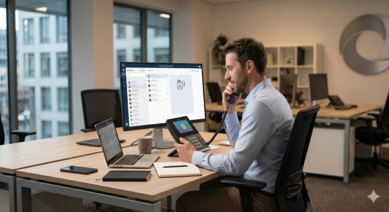 personne au téléphone au bureau