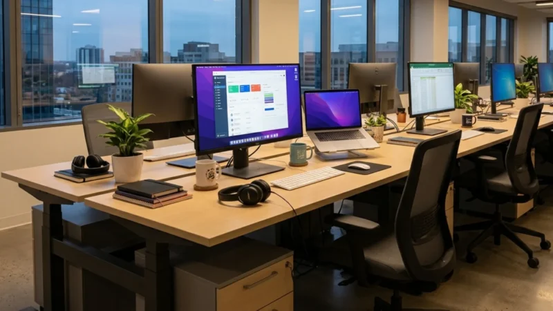 photo d'un bureau avec des ordinateurs