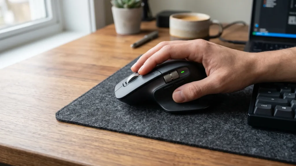 phto d'une main entrain d'utiliser une souris d'ordinateur